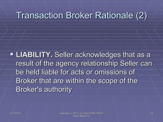 12/16/2015 Copyright (c) 2011 Lou Tulga CCIM CRB All
Rights Reserved
75
Transaction Broker Rationale (2)
 LIABILITY. Sell...