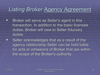 12/16/2015 Copyright (c) 2011 Lou Tulga CCIM CRB All
Rights Reserved
99
Listing Broker Agency Agreement
 Broker will serv...
