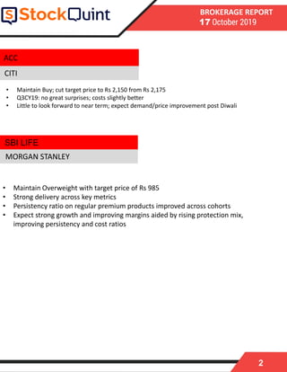 2
BROKERAGE REPORT
17 October 2019
CITI
• Maintain Overweight with target price of Rs 985
• Strong delivery across key metrics
• Persistency ratio on regular premium products improved across cohorts
• Expect strong growth and improving margins aided by rising protection mix,
improving persistency and cost ratios
MORGAN STANLEY
ACC
• Maintain Buy; cut target price to Rs 2,150 from Rs 2,175
• Q3CY19: no great surprises; costs slightly better
• Little to look forward to near term; expect demand/price improvement post Diwali
SBI LIFE
 