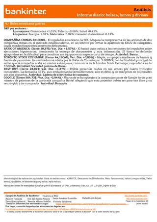 Análisis
                                                                                       Informe diario: bolsas, bonos y divisas

 4.- Bolsa americana y otras
S&P por sectores.-
      Los mejores: Financieras +1,01%; Telecos +0,66%; Salud +0,41%.
      Los peores: Energía -1,31%; Materiales -0,92%; Consumo discrecional -0,12%.

COMPAÑÍAS CHINAS EN EEUU.- El regulador americano, la SEC, bloquea la compraventa de las acciones de dos
compañías chinas en el mercado estadounidense, en un intento por evitar la aparición en EEUU de compañías
cuyos estados financieros presenten deficiencias.
BANK OF AMERICA (Cierre 10,97$; Var. Día: +1,57%).- El banco puso trabas a las revisiones del regulador sobre
ejecuciones hipotecarias, demorando la entrega de documentos y otra información. El banco se defiende
apoyándose en la dificultad para coordinar sus equipos en un especio corto de tiempo. Actividad: Banca.
TORONTO STOCK EXCHANGE (Cierre 44,19CAD; Var. Día: +0,89%).- Maple, un grupo canadiense de bancos y
fondos de pensiones, ha realizado una oferta por la Bolsa de Toronto por 3.800M$, con la finalidad principal de
evitar que la compañía acabe en manos extranjeras, como en la de la London Stock Exchange, cuya oferta es de
3.500M$. Actividad: Sociedad gestora de Bolsa.
BEST BUY (Cierre 28,82$; Var. Día: +1,37%).- Podría presentar caídas en sus ventas por cuarto trimestre
consecutivo. La demanda de TV, aun evolucionando favorablemente, aún es débil, y los márgenes de los móviles
son aún pequeños. Actividad: Cadena de electrónica de consumo.
GOOGLE (Cierre 504,73$; Var. Día: -0,94%).- Microsoft se ha opuesto a la compra por parte de Google de un gran
número de patentes de la quebrada compañía Nortel alegando que esas patentes deben ser para uso libre y no
restringido a un comprador. Actividad: Buscador.




Metodologías de valoración aplicadas (lista no exhaustiva): VAN FCF, Descuento de Dividendos, Neto Patrimonial, ratios comparables, Valor
Neto Liquidativo, Warranted Equity Value, PER teórico.
Horas de cierres de mercados: España y resto Eurozona 17:30h, Alemania 19h, EE.UU. 22:00h, Japón 8:00h



 Equipo de Análisis de Bankinter (Sujetos al RIC)                                                             http://broker.bankinter.com/
 Ramón Forcada        Eva del Barrio Arranz Jesús Amador Castrillo       Rafael León López                      http://www.bankinter.com/
 David Garcia Moral Beatriz Martín Bobillo Victoria Sandoval                                                   Paseo de la Castellana, 29
 Todos los informes los encontrarás aquí:       https://broker.bankinter.com/www/es-es/cgi/broker+asesoramiento              28046 Madrid
 Por favor, consulte importantes advertencias legales en:
 http://broker.bankinter.com/www/es-es/cgi/broker+binarios?secc=NRAP&subs=NRAP&nombre=disclaimer.pdf
 * Si desea acceder directamente al disclaimer seleccione sobre el link la opción
                                                                                "open weblink in Browser" con el botón derecho del su ratón.
 