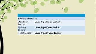 Finishing Hardware
Main Door
Lockset
Lever Type keyed Lockset
Bedroom
Lockset
Lever Type Keyed Lockset
Toilet Lockset Lever Type Privacy Lockset
 