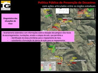 13º Congresso Brasileiro de Geologia de
           Engenharia e Ambiental               Política Pública de Prevenção de Desastres
                                                     com ações articuladas entre os órgãos estaduais



Diagnóstico das
 situações de
     risco



- levantamento sistemático com informações sobre a situação dos perigos e dos riscos
de escorregamentos, inundações, erosão e colapso de solo, que permitiria a
       - - identificação de áreas prioritárias para o mapeamento de risco,
       - - subsidiando a formulação de planos de ação para os mapeamentos
 