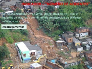13º Congresso Brasileiro de Geologia de
      Engenharia e Ambiental
                      INDICADOR – “NÚMERO DE ACIDENTES”

De 2000 a 2010 (meses de verão: dezembro a março), tem-se
registros de vistorias e atendimentos emergenciais de acidentes
relacionados a:
escorregamentos
 
