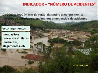 13º Congresso Brasileiro de Geologia de
      Engenharia e Ambiental
                      INDICADOR – “NÚMERO DE ACIDENTES”

De 2000 a 2010 (meses de verão: dezembro a março), tem-se
registros de vistorias e atendimentos emergenciais de acidentes
relacionados a:
escorregamentos
Inundação e
processos similares
(enchentes,
alagamentos, etc)
 