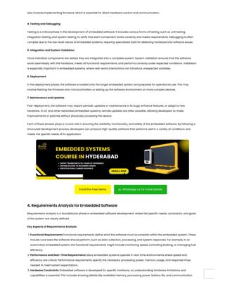 also involves implementing firmware, which is essential for direct hardware control and communication.
4. Testing and Debugging
Testing is a critical phase in the development of embedded software. It includes various forms of testing, such as unit testing,
integration testing, and system testing, to verify that each component works correctly and meets requirements. Debugging is often
complex due to the low-level nature of embedded systems, requiring specialized tools for detecting hardware and software issues.
5. Integration and System Validation
Once individual components are tested, they are integrated into a complete system. System validation ensures that the software
works seamlessly with the hardware, meets all functional requirements, and performs correctly under expected conditions. Validation
is especially important in embedded systems, where real-world interactions can introduce unexpected variables.
6. Deployment
In the deployment phase, the software is loaded onto the target embedded system and prepared for operational use. This may
involve flashing the firmware onto microcontrollers or setting up the software environment on more complex devices.
7. Maintenance and Updates
Post-deployment, the software may require periodic updates or maintenance to fix bugs, enhance features, or adapt to new
hardware. In IoT and other networked embedded systems, remote updates are often possible, allowing developers to make
improvements or patches without physically accessing the device.
Each of these phases plays a crucial role in ensuring the reliability, functionality, and safety of the embedded software. By following a
structured development process, developers can produce high-quality software that performs well in a variety of conditions and
meets the specific needs of its application.
Enroll For Free Demo  Whatsapp us for more Details
4. Requirements Analysis for Embedded Software
Requirements analysis is a foundational phase in embedded software development, where the specific needs, constraints, and goals
of the system are clearly defined.
Key Aspects of Requirements Analysis
1. Functional Requirements Functional requirements define what the software must accomplish within the embedded system. These
include core tasks the software should perform, such as data collection, processing, and system responses. For example, in an
automotive embedded system, the functional requirements might include monitoring speed, controlling braking, or managing fuel
efficiency.
2. Performance and Real-Time Requirements Many embedded systems operate in real-time environments where speed and
efficiency are critical. Performance requirements specify the necessary processing power, memory usage, and response times
needed to meet system expectations.
3. Hardware Constraints Embedded software is developed for specific hardware, so understanding hardware limitations and
capabilities is essential. This includes knowing details like available memory, processing power, battery life, and communication
 