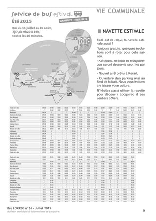 Bro LOKIREG n°36 - Juillet 2015
Bulletin municipal d’informations de Locquirec 9
VIE COMMUNALE
L’été est de retour, la navette esti-
vale aussi !
Toujours gratuite, quelques évolu-
tions sont à noter pour cette sai-
son.
- Kerboulic, keraloas et Trougoure-
zou seront desservis sept fois par
jours,
- Nouvel arrêt prévu à Kerael,
- Ouverture d’un parking relai au
fond de la baie. Nous vous invitons
à y laisser votre voiture.
N’hésitez pas à utiliser la navette
pour découvrir Locquirec et ses
sentiers côtiers.
NAVETTE ESTIVALE
 