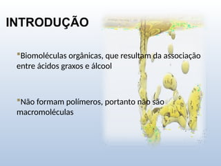 INTRODUÇÃO
Biomoléculas orgânicas, que resultam da associação
entre ácidos graxos e álcool
Não formam polímeros, portanto não são
macromoléculas
 