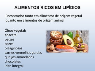 ALIMENTOS RICOS EM LIPÍDIOS
Encontrados tanto em alimentos de origem vegetal
quanto em alimentos de origem animal
Óleos vegetais
abacate
peixes
nozes
oleaginosas
carnes vermelhas gordas
queijos amarelados
chocolates
leite integral
 