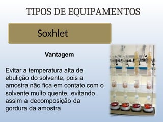 TIPOS DE EQUIPAMENTOS
Soxhlet
Vantagem
Evitar a temperatura alta de
ebulição do solvente, pois a
amostra não fica em contato com o
solvente muito quente, evitando
assim a decomposição da
gordura da amostra
 