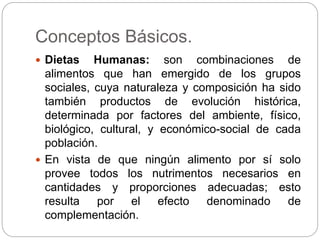 Conceptos Básicos.
 Dietas Humanas: son combinaciones de
alimentos que han emergido de los grupos
sociales, cuya naturaleza y composición ha sido
también productos de evolución histórica,
determinada por factores del ambiente, físico,
biológico, cultural, y económico-social de cada
población.
 En vista de que ningún alimento por sí solo
provee todos los nutrimentos necesarios en
cantidades y proporciones adecuadas; esto
resulta por el efecto denominado de
complementación.
 