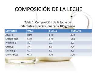 COMPOSICIÓN DE LA LECHE
NUTRIENTE VACA BUFALO HUMANO
Agua, g 88,0 84,0 87,5
Energía, kcal 61,0 97,0 70,0
Proteína, g 3,2 3,7 1,0
Grasa, g 3,4 6,9 4,4
Lactosa, g 4,7 5,2 6,9
Minerales, g 0,72 0,79 0,20
Tabla 1: Composición de la leche de
diferentes especies (por cada 100 gramos
 