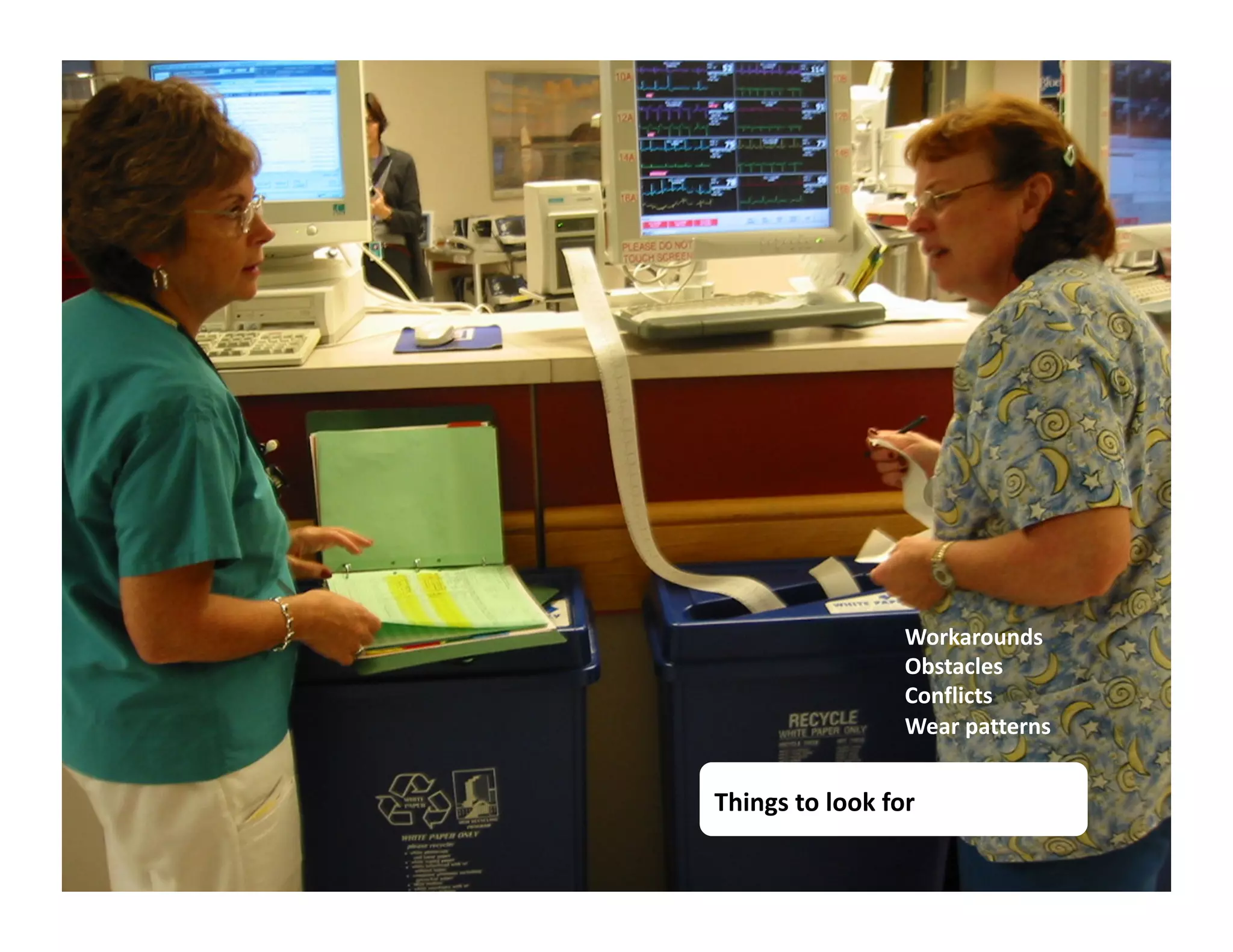 Workarounds 
                   Obstacles 
                          Workarounds 
                   Conflicts 
                          Obstacles 
                   Wear patterns 
                          Conflicts 
                          Wear patterns 


Things to look for 
                Things to look for 
 