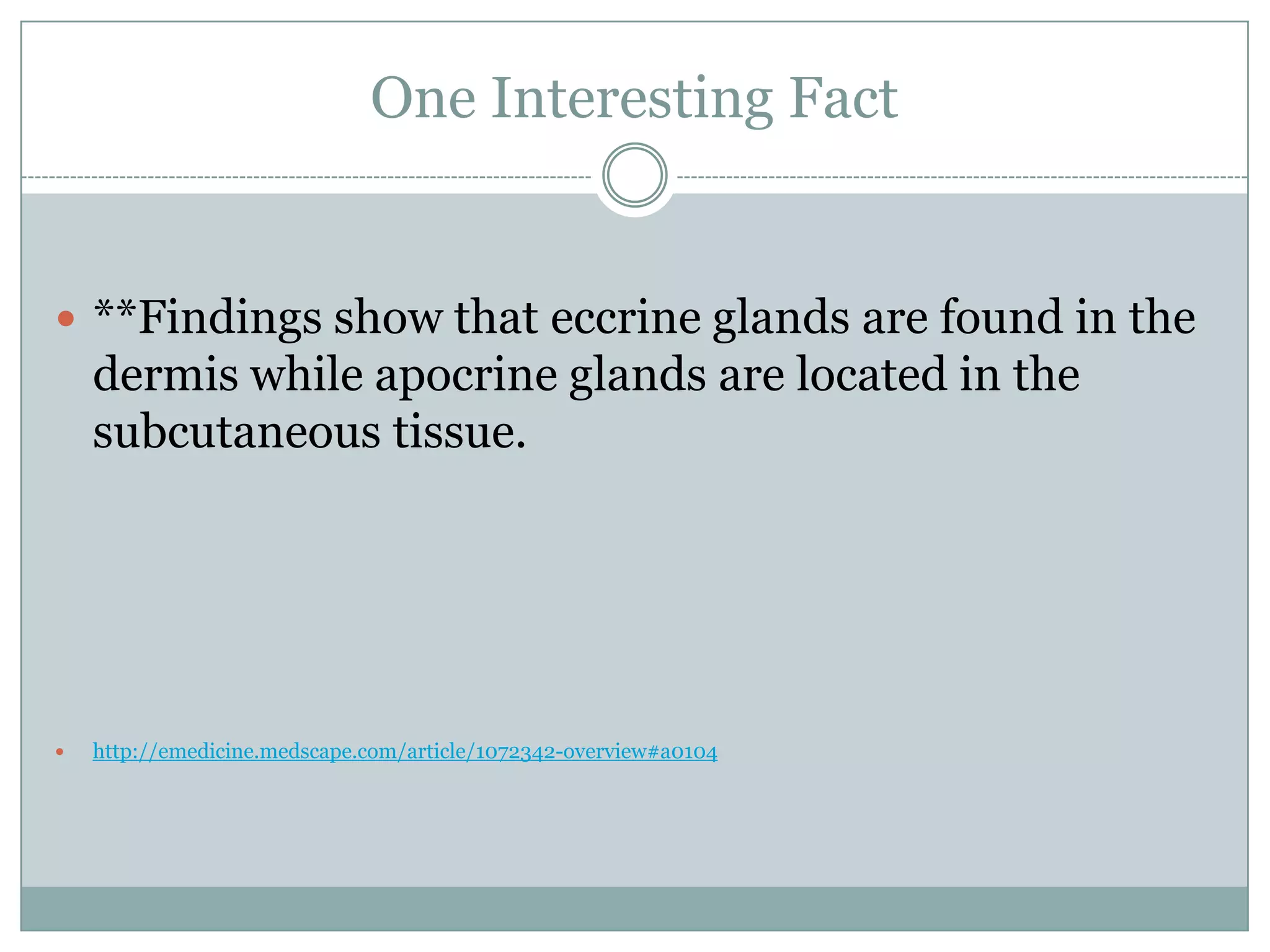 One Interesting Fact


 **Findings show that eccrine glands are found in the
    dermis while apocrine glands are located in the
    subcutaneous tissue.




   http://emedicine.medscape.com/article/1072342-overview#a0104
 