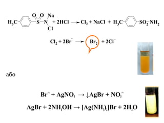 або
Brˉ + AgNO3 → ↓AgBr + NO3ˉ
AgBr + 2NH4OH → [Ag(NH3)2]Br + 2H2O
O
S
O
N
Cl
Na
CH3 SO2 NH2
CH3
+ 2HCl Cl2 + NaCl +
__
Cl2 + 2Br Br2 + 2Cl
 