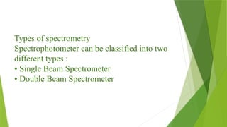Types of spectrometry
Spectrophotometer can be classified into two
different types :
• Single Beam Spectrometer
• Double Beam Spectrometer
 