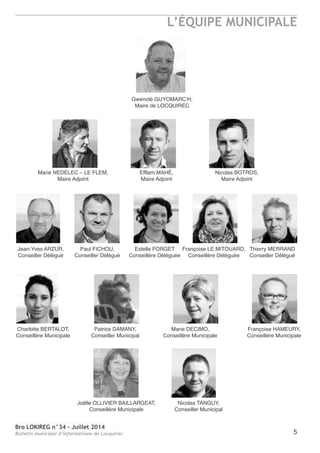 Bro LOKIREG n°34 - Juillet 2014
Bulletin municipal d’informations de Locquirec
L’ÉQUIPE MUNICIPALE
5
Gwenolé GUYoMarC’H,
Maire de LoCQUIreC
Marie neDeLeC – Le FLeM,
Maire adjoint
Jean-Yves arzUr,
Conseiller Délégué
Charlotte BertaLot,
Conseillère Municipale
Joëlle oLLIVIer BaILLarGeat,
Conseillère Municipale
nicolas tanGUY,
Conseiller Municipal
Patrice DaManY,
Conseiller Municipal
Marie DeCIMo,
Conseillère Municipale
Françoise HaMeUrY,
Conseillère Municipale
Paul FICHoU,
Conseiller Délégué
estelle ForGet
Conseillère Déléguée
Françoise Le MItoUarD,
Conseillère Déléguée
thierry MerranD
Conseiller Délégué
efflam MaHÉ,
Maire adjoint
nicolas BotroS,
Maire adjoint
 