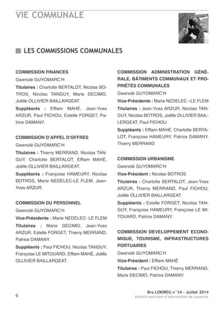 VIE COMMUNALE
Bro LOKIREG n°34 - Juillet 2014
Bulletin municipal d’informations de Locquirec6
LES COMMISSIONS COMMUNALES
COMMISSION FINANCES
Gwenolé GUYoMarC’H
Titulaires : Charlotte BertaLot, nicolas Bo-
troS, nicolas tanGUY, Marie DeCIMo,
Joëlle oLLIVIer BaILLarGeat.
Suppléants : efflam MaHÉ, Jean-Yves
arzUr, Paul FICHoU, estelle ForGet, Pa-
trice DaManY.
COMMISSION D’APPEL D’OFFRES
Gwenolé GUYoMarC’H
Titulaires : thierry MerranD, nicolas tan-
GUY, Charlotte BertaLot, efflam MaHÉ,
Joëlle oLLIVIer BaILLarGeat.
Suppléants : Françoise HaMeUrY, nicolas
BotroS, Marie neDeLeC-Le FLeM, Jean-
Yves arzUr.
COMMISSION DU PERSONNEL
Gwenolé GUYoMarC’H
Vice-Présidente : Marie neDeLeC- Le FLeM
Titulaires : Marie DeCIMo, Jean-Yves
arzUr, estelle ForGet, thierry MerranD,
Patrice DaManY.
Suppléants : Paul FICHoU, nicolas tanGUY,
Françoise Le MItoUarD, efflam MaHÉ, Joëlle
oLLIVIer BaILLarGeat.
COMMISSION ADMINISTRATION GÉNÉ-
RALE, BÂTIMENTS COMMUNAUX ET PRO-
PRIÉTÉS COMMUNALES
Gwenolé GUYoMarC’H
Vice-Présidente : Marie neDeLeC –Le FLeM
Titulaires : Jean-Yves arzUr, nicolas tan-
GUY, nicolas BotroS, Joëlle oLLIVIer BaIL-
LerGeat, Paul FICHoU
Suppléants : efflam MaHÉ, Charlotte Berta-
Lot, Françoise HaMeUrY, Patrice DaManY,
thierry MerranD
COMMISSION URBANISME
Gwenolé GUYoMarC’H
Vice-Président : nicolas BotroS
Titulaires : Charlotte BertaLot, Jean-Yves
arzUr, thierry MerranD, Paul FICHoU,
Joëlle oLLIVIer BaILLarGeat.
Suppléants : estelle ForGet, nicolas tan-
GUY, Françoise HaMeUrY, Françoise Le MI-
toUarD, Patrice DaManY.
COMMISSION DEVELOPPEMENT ECONO-
MIQUE, TOURISME, INFRASTRUCTURES
PORTUAIRES
Gwenolé GUYoMarC’H
Vice-Président : efflam MaHÉ
Titulaires : Paul FICHoU, thierry MerranD,
Marie DeCIMo, Patrice DaManY.
 