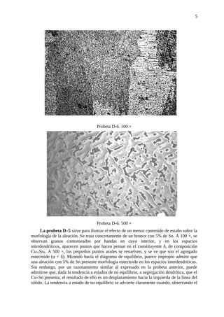 Probeta D-6. 100 ×
Probeta D-6. 500 ×
La probeta D–5 sirve para ilustrar el efecto de un menor contenido de estaño sobre la
morfología de la aleación. Se trata concretamente de un bronce con 5% de Sn. A 100 ×, se
observan granos contorneados por bandas en cuyo interior, y en los espacios
interdendríticos, aparecen puntos que hacen pensar en el constituyente δ, de composición
Cu35Sn8. A 500 ×, los pequeños puntos azules se resuelven, y se ve que son el agregado
eutectoide (α + δ). Mirando hacia el diagrama de equilibrio, parece impropio admitir que
una aleación con 5% de Sn presente morfología eutectoide en los espacios interdendríticos.
Sin embargo, por un razonamiento similar al expresado en la probeta anterior, puede
admitirse que, dada la tendencia a estados de no equilibrio, a segregación dendrítica, que el
Cu–Sn presenta, el resultado de ello es un desplazamiento hacia la izquierda de la línea del
sólido. La tendencia a estado de no equilibrio se advierte claramente cuando, observando el
5
 