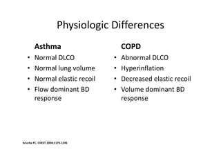 Physiologic Differences
Asthma
• Normal DLCO
• Normal lung volume
• Normal elastic recoil
• Flow dominant BD
response
COPD
• Abnormal DLCO
• Hyperinflation
• Decreased elastic recoil
• Volume dominant BD
response
Sciurba FC, CHEST 2004;117S‐124S
 