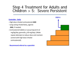 Step 4 Treatment for Adults and
Children > 5: Severe Persistent
Controller ‐ Daily
‐ High‐dose inhaled corticosteroid AND
‐ Long‐acting inhaled beta2‐agonist
AND, if needed,
‐ Corticosteroid tablets or syrup long term (2
mg/kg/day, generally < 60 mg/day). (Make
repeat attempts to reduce dose and maintain
control with high‐dose inhaled
corticosteroid).
‐ Recommend referral to a specialist
STEP 4
 