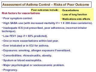 Risk factors for exacerbations
• Poor symptom control.
• High SABA use (with increased mortality if > 1 X 200 dose canister/m).
• Inadequate ICS (not prescribed, poor adherence, incorrect inhaler
technique).
• Low FEV1 (esp if < 60% predicted).
• One or more exacerbations within last year.
• Ever intubated or in ICU for asthma.
• Exposures: smoking, allergen exposure if sensitized.
• Comorbidities: rhinosinusitis, obesity.
• Sputum or blood eosinophilia.
• Major psychological or socioeconomic problem.
• Pregnancy.
Assessment of Asthma Control – Risks of Poor Outcome
Poor outcomes include: - Exacerbations
- Loss of lung function
- Medications side effects
 