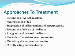 Approaches To Treatment 
Prevention of Ag : Ab reaction 
Neutralisation of IgE 
Suppression of inflammation and hyperreactivity 
Prevention of release of mediators 
Antagonism of released mediators 
Blockade of constrictor neurotransmittor 
Mimicking dilator neurotransmittor 
Directly acting bronchodilators 
 