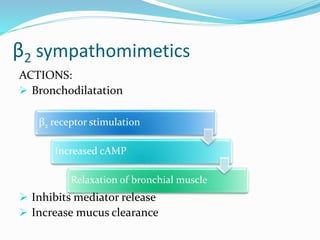 β2 sympathomimetics 
ACTIONS: 
 Bronchodilatation 
β2 receptor stimulation 
Increased cAMP 
Relaxation of bronchial muscle 
 Inhibits mediator release 
 Increase mucus clearance 
 