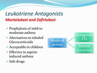 Leukotriene Antagonists 
Montelukast and Zafirlukast 
 Prophylaxis of mild to 
moderate asthma 
 Alternatives to inhaled 
Glucocorticoids 
 Acceptable in children 
 Effective in aspirin 
induced asthma 
 Safe drugs 
Mode of 
action 
Antagonise 
LTs 
Inhibit 
receptors 
 
