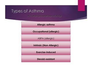 Types of Asthma
According to pathophysiology
Allergic asthma
Intrinsic (Non-Allergic)
Exercise-induced
Occupational (allergic)
Steroid-resistant
ABPA (allergic)
 