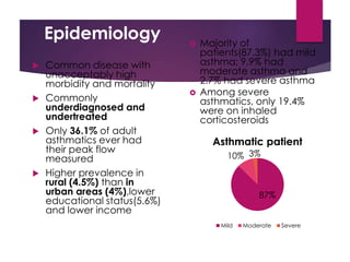 Epidemiology
 Common disease with
unacceptably high
morbidity and mortality
 Commonly
underdiagnosed and
undertreated
 Only 36.1% of adult
asthmatics ever had
their peak flow
measured
 Higher prevalence in
rural (4.5%) than in
urban areas (4%),lower
educational status(5.6%)
and lower income
 Majority of
patients(87.3%) had mild
asthma; 9.9% had
moderate asthma and
2.7% had severe asthma
 Among severe
asthmatics, only 19.4%
were on inhaled
corticosteroids
87%
10% 3%
Asthmatic patient
Mild Moderate Severe
 