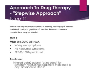 Approach To Drug Therapy
- "Stepwise Approach"
[step 1]
Start at the step most appropriate to severity, moving up if needed
or down if control is good for > 3 months. Rescued courses of
prednisolone may be needed
STEP 1
MILD EPISODIC ASTHMA
• Infrequent symptoms
• No nocturnal symptoms
• PEF 80-100% predicted
Treatment:
inhaled beta2 agonist "as needed" for
symptom relief. If needed more than once a
day, advance to Step 2
 