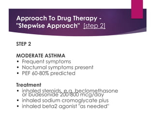 Approach To Drug Therapy -
"Stepwise Approach" [step 2]
STEP 2
MODERATE ASTHMA
• Frequent symptoms
• Nocturnal symptoms present
• PEF 60-80% predicted
Treatment
• inhaled steroids, e.g. beclomethasone
or budesonide 200-800 mcg/day
• inhaled sodium cromoglycate plus
• inhaled beta2 agonist "as needed"
 