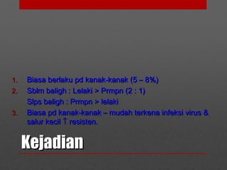 KejadianKejadian
1.1. Biasa berlaku pd kanak-kanak (5 – 8%)Biasa berlaku pd kanak-kanak (5 – 8%)
2.2. Sblm baligh : Lelaki > Prmpn (2 : 1)Sblm baligh : Lelaki > Prmpn (2 : 1)
Slps baligh : Prmpn > lelakiSlps baligh : Prmpn > lelaki
3.3. Biasa pd kanak-kanak – mudah terkena infeksi virus &Biasa pd kanak-kanak – mudah terkena infeksi virus &
salur kecilsalur kecil ↑↑ resisten.resisten.
 