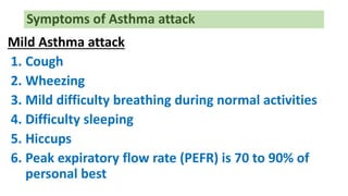 Mild Asthma attack
1. Cough
2. Wheezing
3. Mild difficulty breathing during normal activities
4. Difficulty sleeping
5. Hiccups
6. Peak expiratory flow rate (PEFR) is 70 to 90% of
personal best
Symptoms of Asthma attack
 