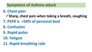 Symptoms of Asthma attack
6. Chest pain
Sharp, chest pain when taking a breath, coughing
7. PEFR is <50% of personal best
8. Confusion
9. Rapid pulse
10. Fatigue
11. Rapid breathing rate
 