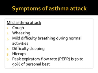 Mild asthma attack
1. Cough
2. Wheezing
3. Mild difficulty breathing during normal
activities
4. Difficulty sleeping
5. Hiccups
6. Peak expiratory flow rate (PEFR) is 70 to
90% of personal best
 