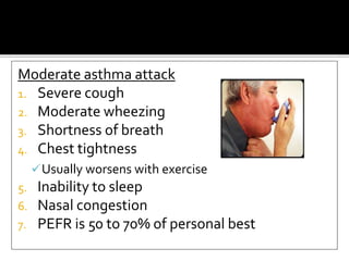 Moderate asthma attack
1. Severe cough
2. Moderate wheezing
3. Shortness of breath
4. Chest tightness
Usually worsens with exercise
5. Inability to sleep
6. Nasal congestion
7. PEFR is 50 to 70% of personal best
 
