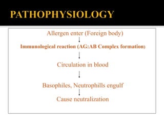 Allergen enter (Foreign body)
Immunological reaction (AG:AB Complex formation)
Circulation in blood
Basophiles, Neutrophills engulf
Cause neutralization
 