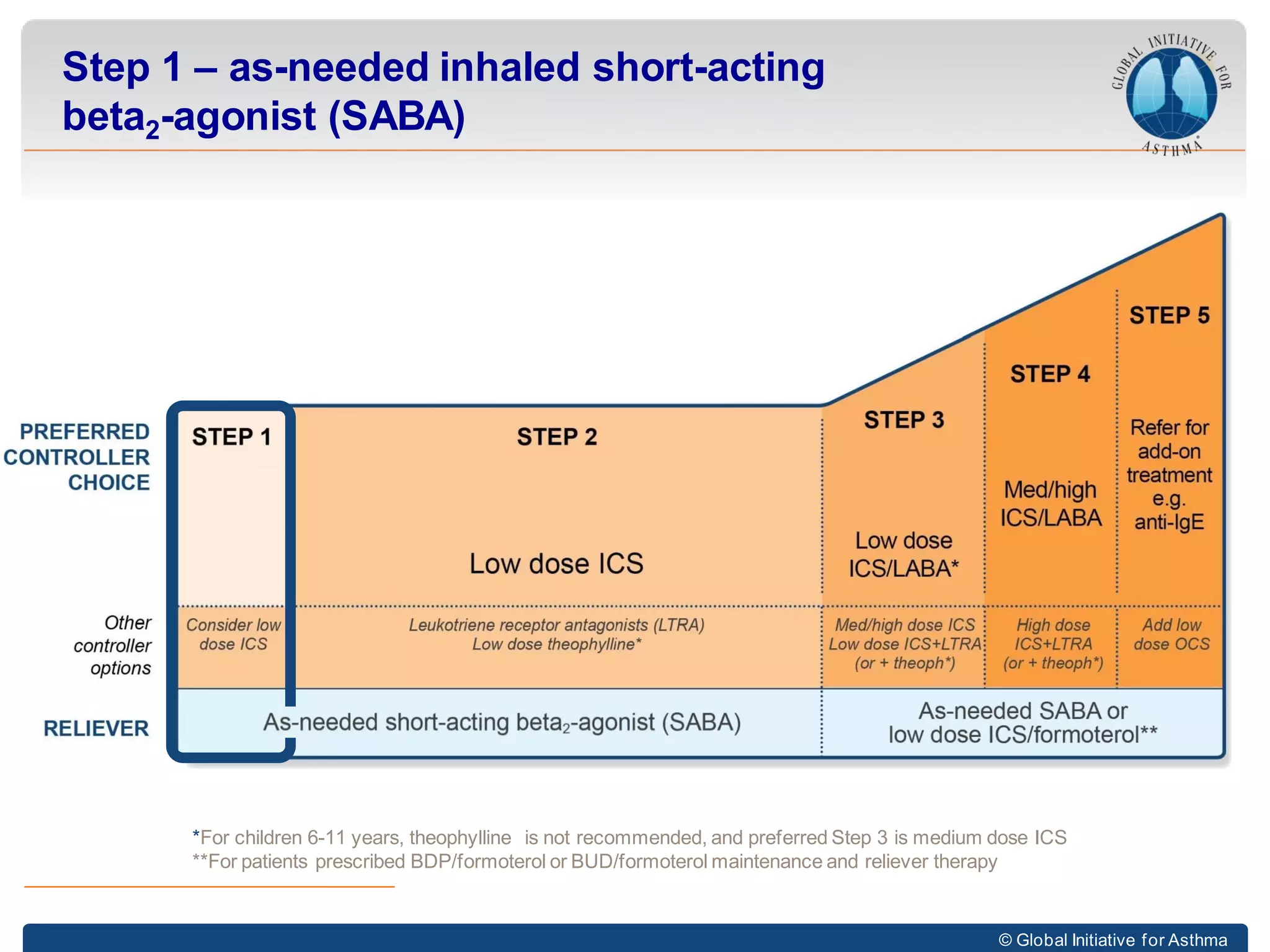 © Global Initiative for Asthma
Step 1 – as-needed inhaled short-acting
beta2-agonist (SABA)
*For children 6-11 years, theophylline is not recommended, and preferred Step 3 is medium dose ICS
**For patients prescribed BDP/formoterol or BUD/formoterol maintenance and reliever therapy
 