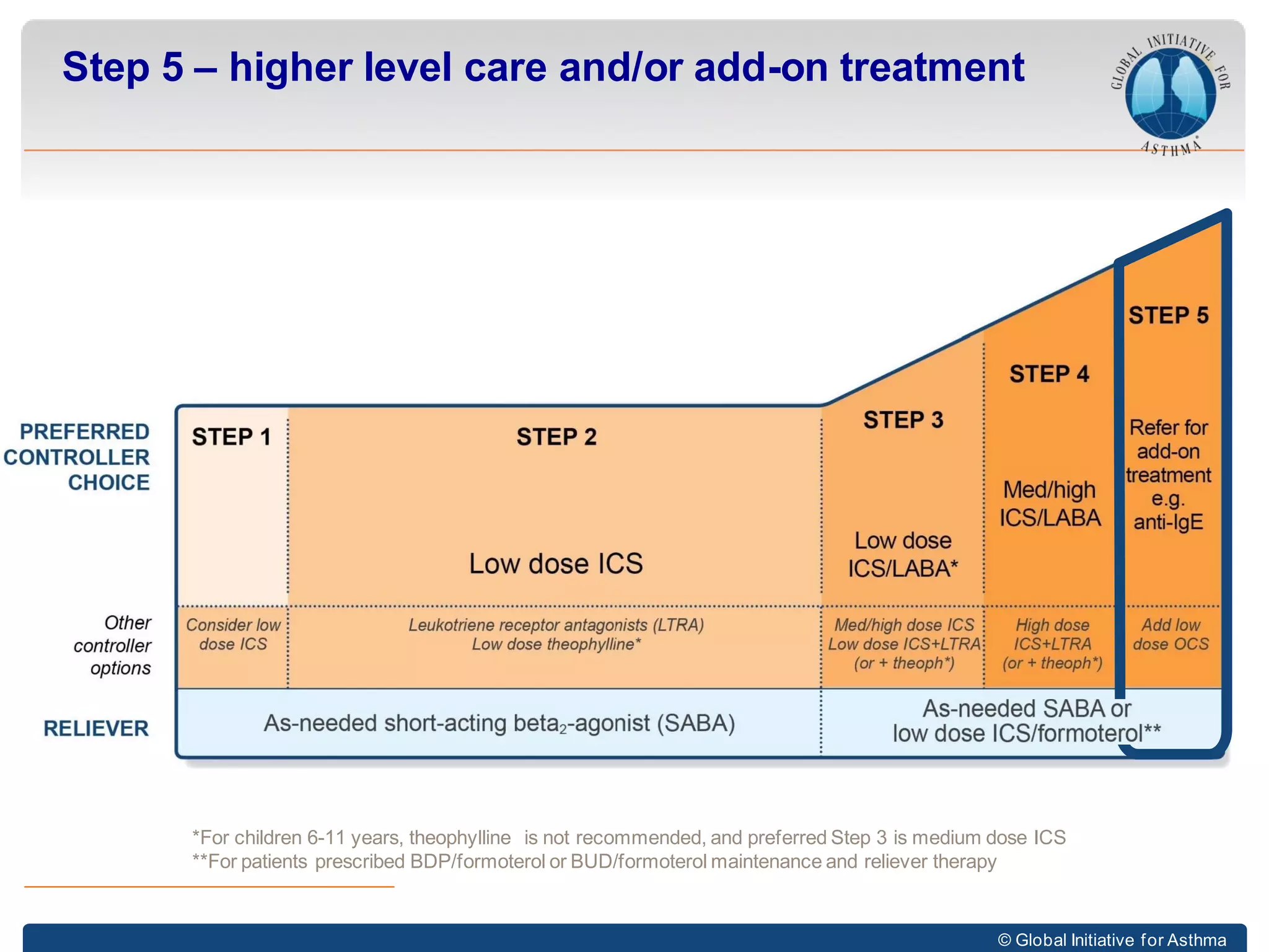 © Global Initiative for Asthma
Step 5 – higher level care and/or add-on treatment
*For children 6-11 years, theophylline is not recommended, and preferred Step 3 is medium dose ICS
**For patients prescribed BDP/formoterol or BUD/formoterol maintenance and reliever therapy
 