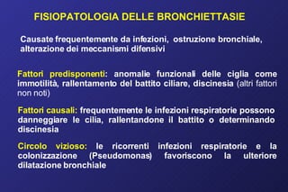 FISIOPATOLOGIA DELLE BRONCHIETTASIE Fattori predisponenti : anomalie funzionali delle ciglia come immotilità, rallentamento del battito ciliare, discinesia  (altri fattori non noti) Fattori causali:  frequentemente le infezioni respiratorie possono danneggiare le cilia, rallentandone il battito o determinando discinesia Circolo vizioso:  le ricorrenti infezioni respiratorie e la colonizzazione (Pseudomonas) favoriscono la ulteriore dilatazione bronchiale Causate frequentemente da infezioni,  ostruzione bronchiale, alterazione dei meccanismi difensivi 