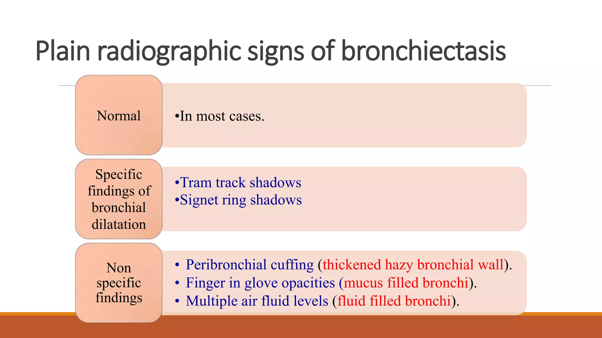 Plain radiographic signs of bronchiectasis
•In most cases.Normal
•Tram track shadows
•Signet ring shadows
Specific
findings of
bronchial
dilatation
• Peribronchial cuffing (thickened hazy bronchial wall).
• Finger in glove opacities (mucus filled bronchi).
• Multiple air fluid levels (fluid filled bronchi).
Non
specific
findings
 
