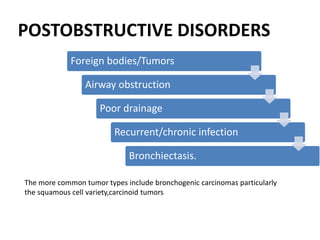 POSTOBSTRUCTIVE DISORDERS
Foreign bodies/Tumors
Airway obstruction
Poor drainage
Recurrent/chronic infection
Bronchiectasis.
The more common tumor types include bronchogenic carcinomas particularly
the squamous cell variety,carcinoid tumors
 
