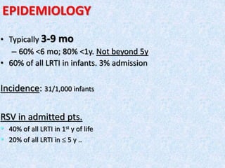 EPIDEMIOLOGY
• Typically 3-9 mo
– 60% <6 mo; 80% <1y. Not beyond 5y
• 60% of all LRTI in infants. 3% admission
Incidence: 31/1,000 infants
RSV in admitted pts.
• 40% of all LRTI in 1st y of life
• 20% of all LRTI in  5 y ..
 