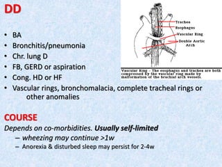 DD
• BA
• Bronchitis/pneumonia
• Chr. lung D
• FB, GERD or aspiration
• Cong. HD or HF
• Vascular rings, bronchomalacia, complete tracheal rings or
other anomalies
COURSE
Depends on co-morbidities. Usually self-limited
– wheezing may continue >1w
– Anorexia & disturbed sleep may persist for 2-4w
 