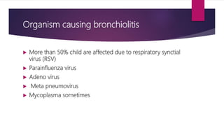 Organism causing bronchiolitis
 More than 50% child are affected due to respiratory synctial
virus (RSV)
 Parainfluenza ...