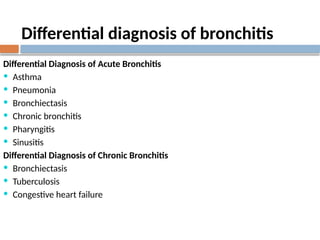 Differential diagnosis of bronchitis
Differential Diagnosis of Acute Bronchitis
 Asthma
 Pneumonia
 Bronchiectasis
 Chronic bronchitis
 Pharyngitis
 Sinusitis
Differential Diagnosis of Chronic Bronchitis
 Bronchiectasis
 Tuberculosis
 Congestive heart failure
 