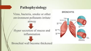 Pathophysiology
Virus, bacteria, smoke or other
environment pollutants irritate
airway
Hyper secretion of mucus and
inflammation
Bronchial wall become thickened
 
