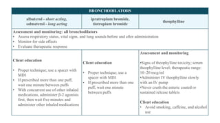 BRONCHODILATORS
albuterol - short acting,
salmeterol - long acting
ipratropium bromide,
tiotropium bromide
theophylline
Assessment and monitoring: all bronchodilators
• Assess respiratory status, vital signs, and lung sounds before and after administration
• Monitor for side effects
• Evaluate therapeutic response
Client education
• Proper technique; use a spacer with
MDI
• If prescribed more than one puff,
wait one minute between puffs
• With concurrent use of other inhaled
medications, administer β-2 agonists
first, then wait five minutes and
administer other inhaled medications
Client education
• Proper technique; use a
spacer with MDI
• If prescribed more than one
puff, wait one minute
between puffs
Assessment and monitoring
•Signs of theophylline toxicity; serum
theophylline level; therapeutic range:
10–20 mcg/ml
•Administer IV theophylline slowly
with an IV pump
•Never crush the enteric coated or
sustained release tablets
Client education
• Avoid smoking, caffeine, and alcohol
use
 