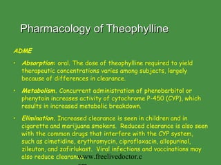 Pharmacology of Theophylline ADME Absorption :  oral. The dose of theophylline required to yield therapeutic concentrations varies among subjects, largely because of differences in clearance.  Metabolism.  Concurrent administration of phenobarbitol or phenytoin increases activity of cytochrome P-450 (CYP), which results in increased metabolic breakdown.  Elimination.  Increased clearance is seen in children and in cigarette and marijuana smokers.  Reduced clearance is also seen with the common drugs that interfere with the CYP system, such as cimetidine, erythromycin, ciprofloxacin, allopurinol, zileuton, and zafirlukast.  Viral infections and vaccinations may also reduce clearance. www.freelivedoctor.com 